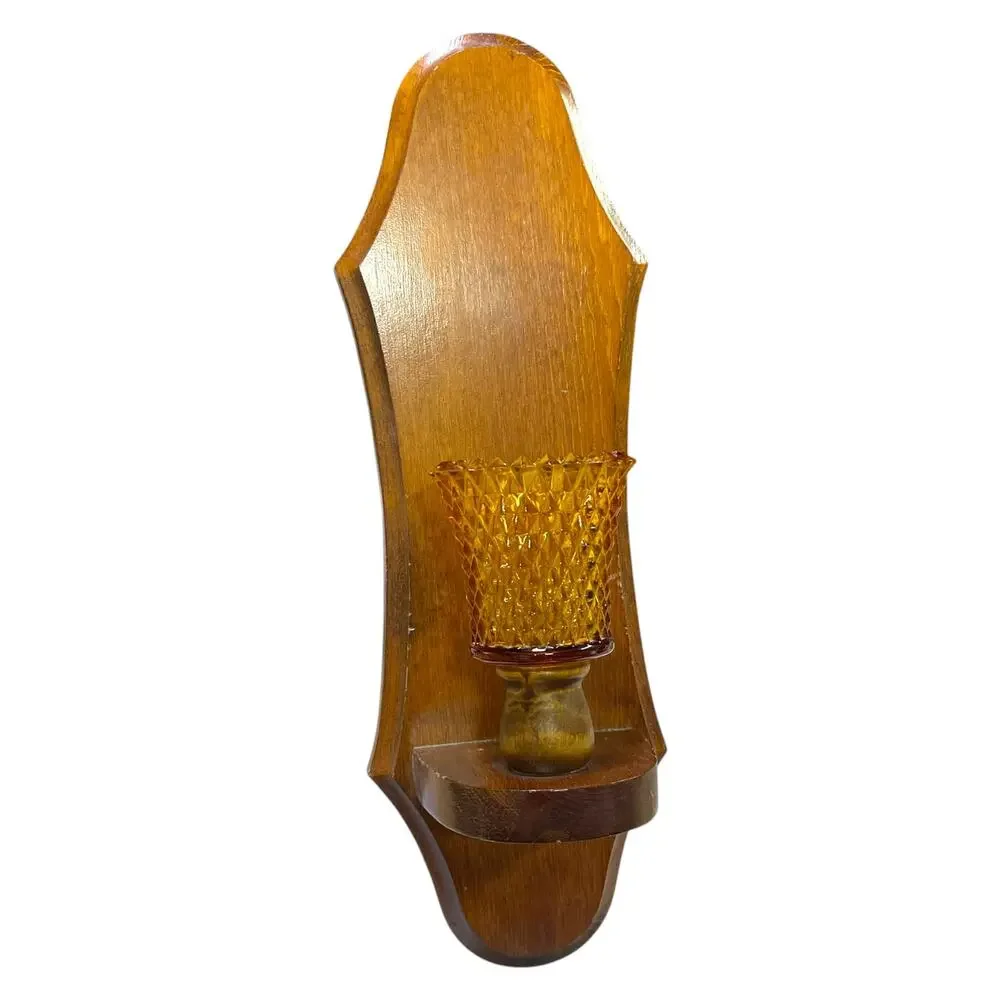 Vintage Single Wood Wall Sconce Amber Glass Votive Candle Holder MCM Decor